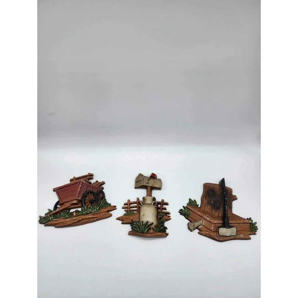 Vintage Homco Rustic Farm Wall Plaques Set of 3 Wagon Mailbox Axe Wood Stump